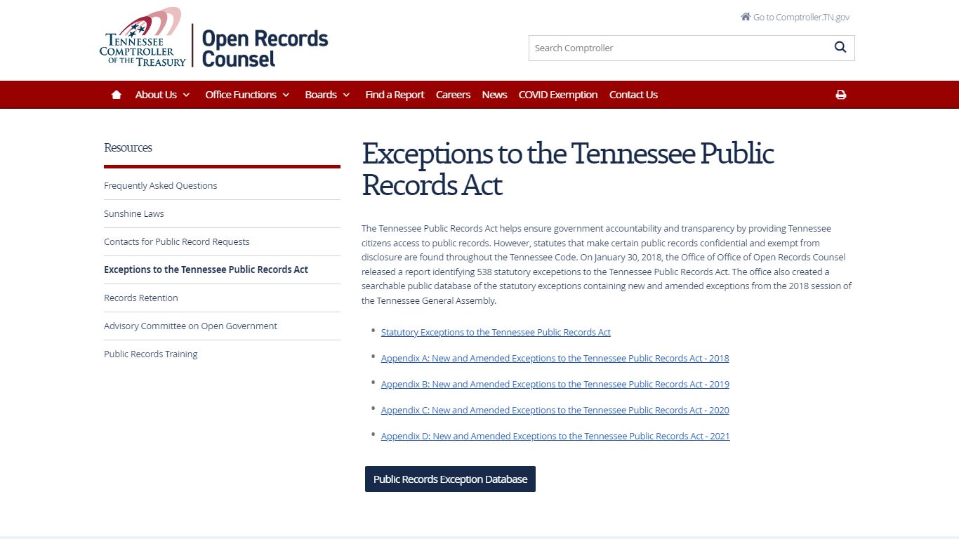 Exceptions to the Tennessee Public Records Act