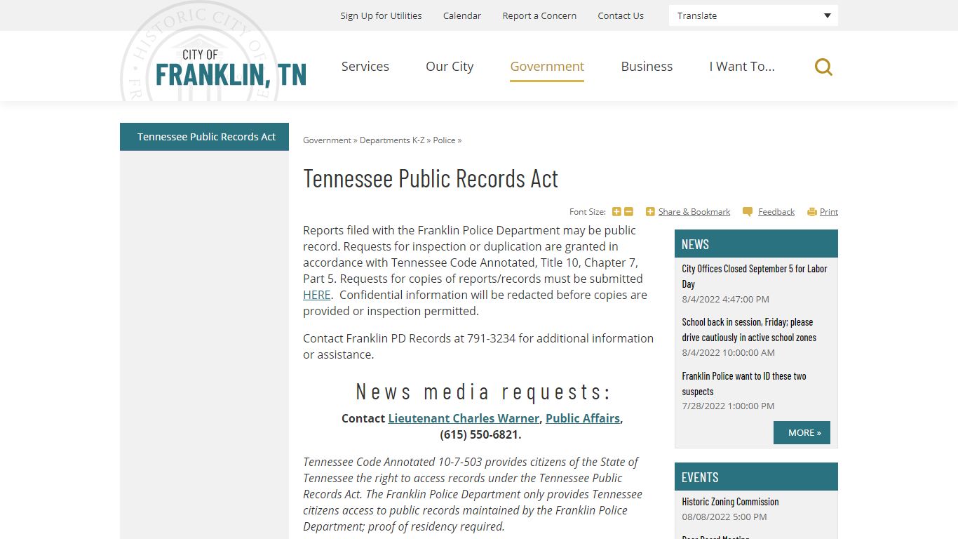 Tennessee Public Records Act | City of Franklin, TN